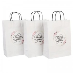 Wholesale customised size print logo fancy thank you white kraft paper bag special day wedding personalised gift bag with handle
