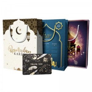Custom Design Reusable Eid Mubarak Ramanda Muslin Islamic Festival Shopping Packaging Paper Gift Bags with Handles